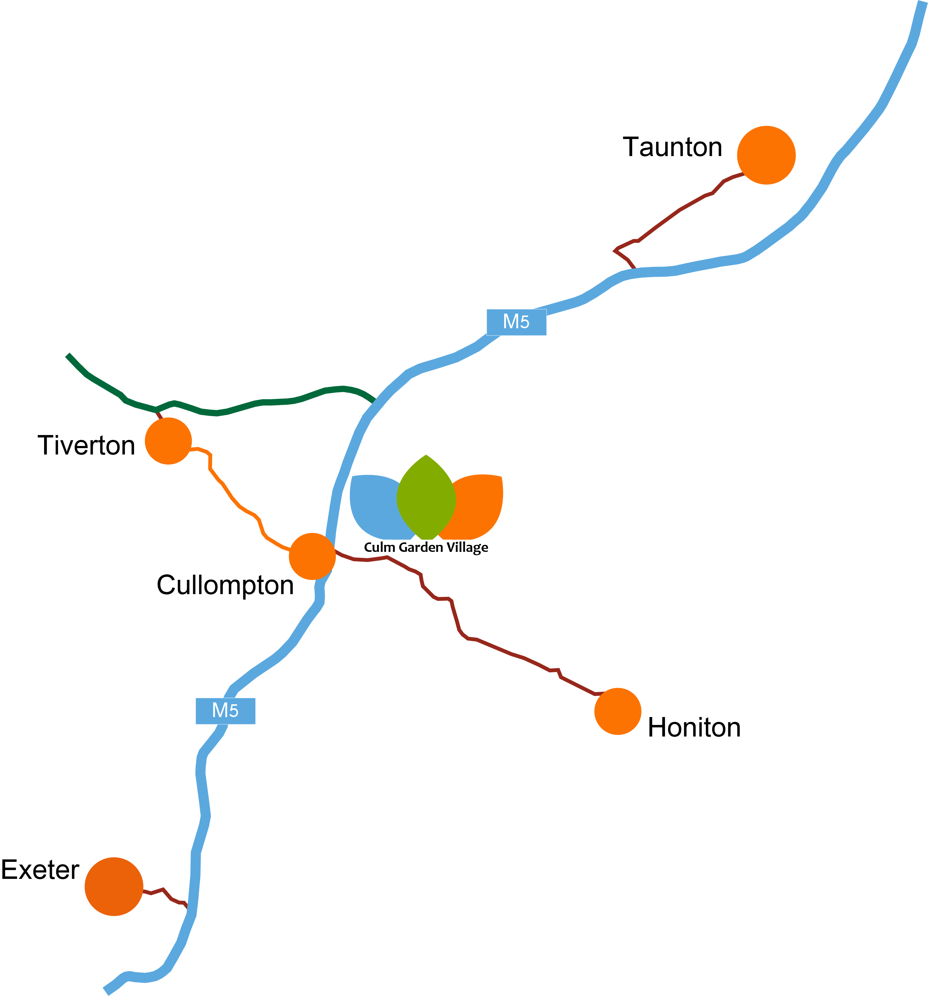 Map illustrating Culm Garden Village location in relation to the M5 motorway